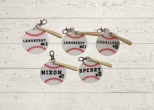 Personalized Baseball Keychain: Custom Name & Number, Mini Bat Charm